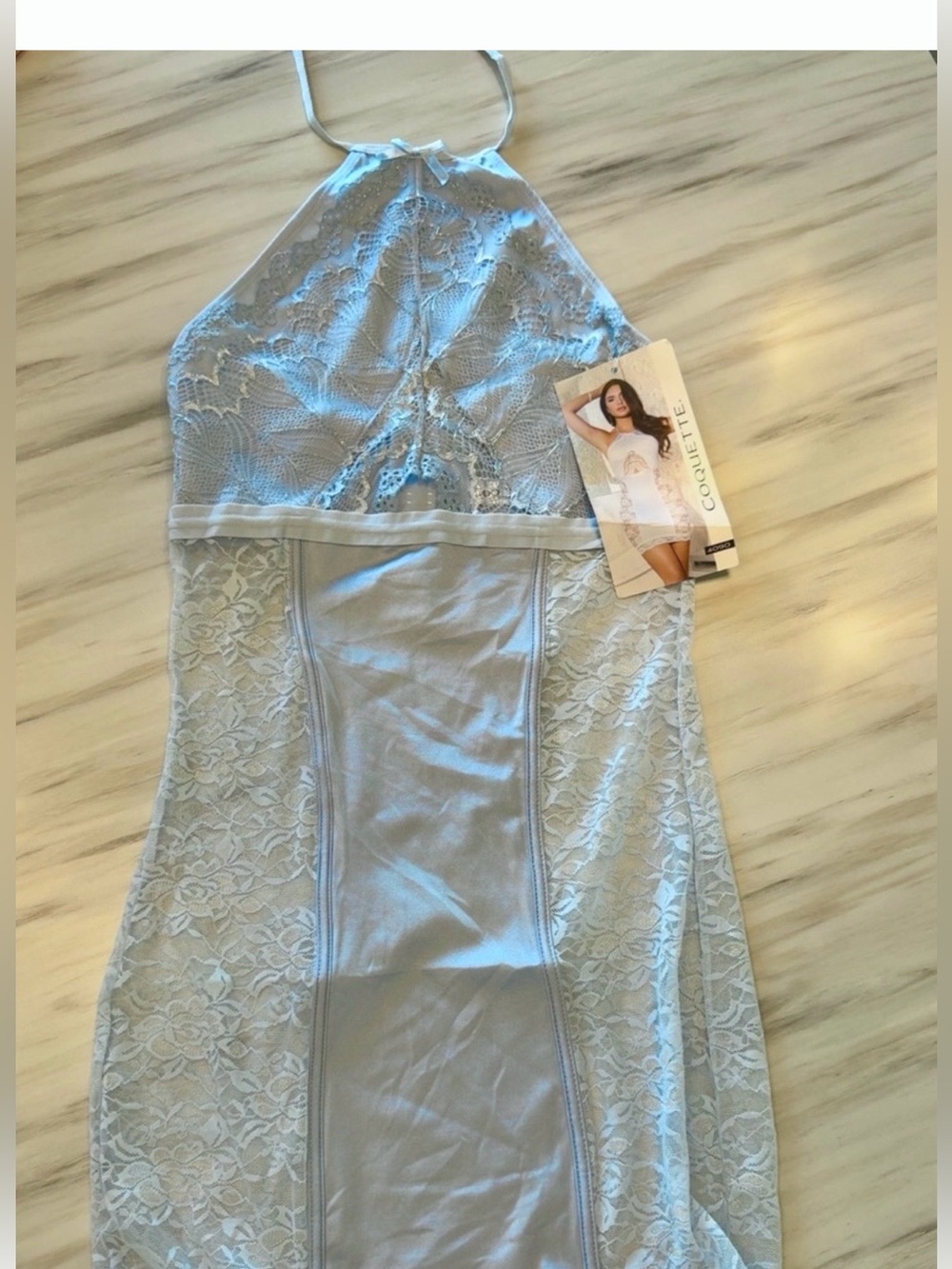NWT LINGERIE HALTER CHEMISE LIGHT BLUE LACE O/S